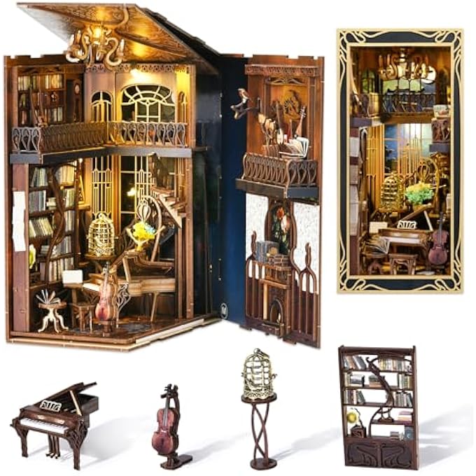 DIY BOOK NOOK KIT, MINIATURE DOLLHOUSE BOOKNOOK KIT, 3D WOODEN PUZZLE BOOKEND BOOKSHELF INSERT DECOR WITH LED LIGHT FOR TEENAGERS AND ADULTS (PIANIST WITH NIGHTINGALE) - Image 1